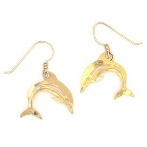 Wild Bryde Hammered Gold Tone Dolphin Dangle Drop Earrings 14K Gold Filled Hooks
